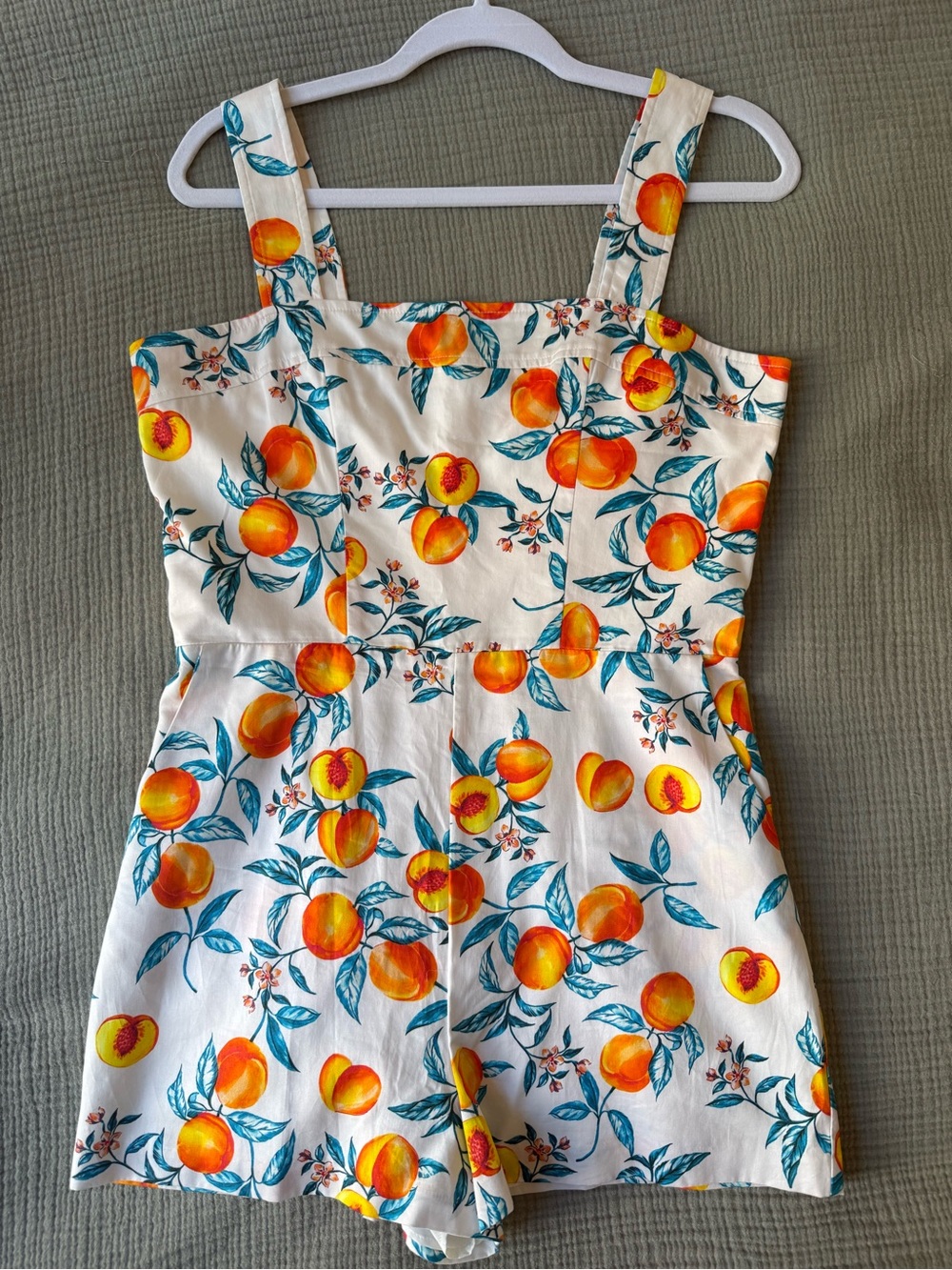 Amanda Uprichard White Cotton Peach-Print Romper with Blue-Green Leaves